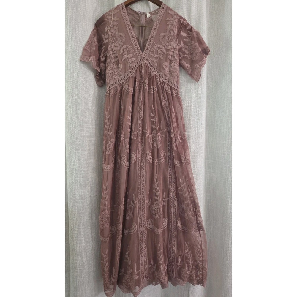 Pink Blush Maxi Dress Mauve Lace Mesh Bohemian Romantic Dress Size Small